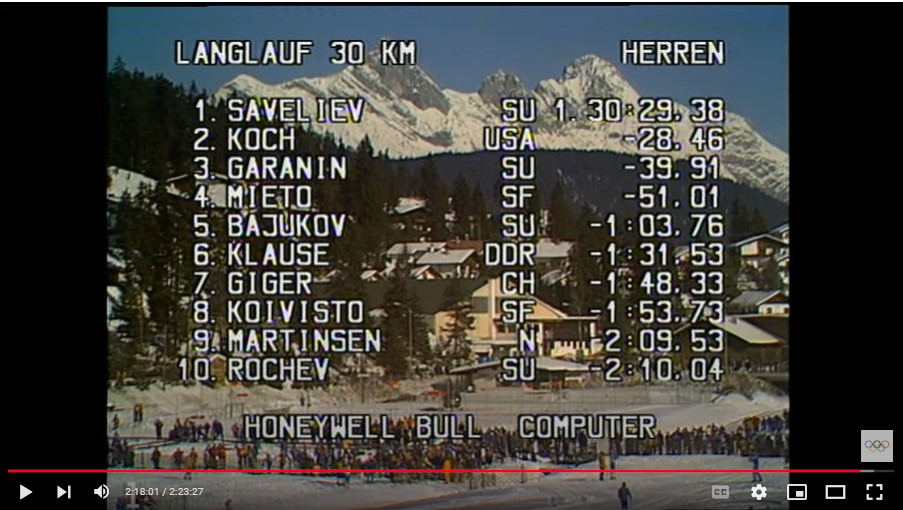 Skjermbilde fra TV-sendingen fra tremila i vinter-OL 1976 - resultatliste