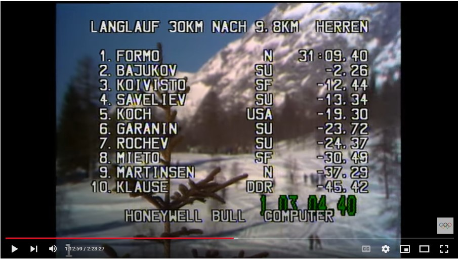 Skjermbilde fra TV-sendingen fra tremila i vinter-OL 1976 - passeringstider 9.8 km